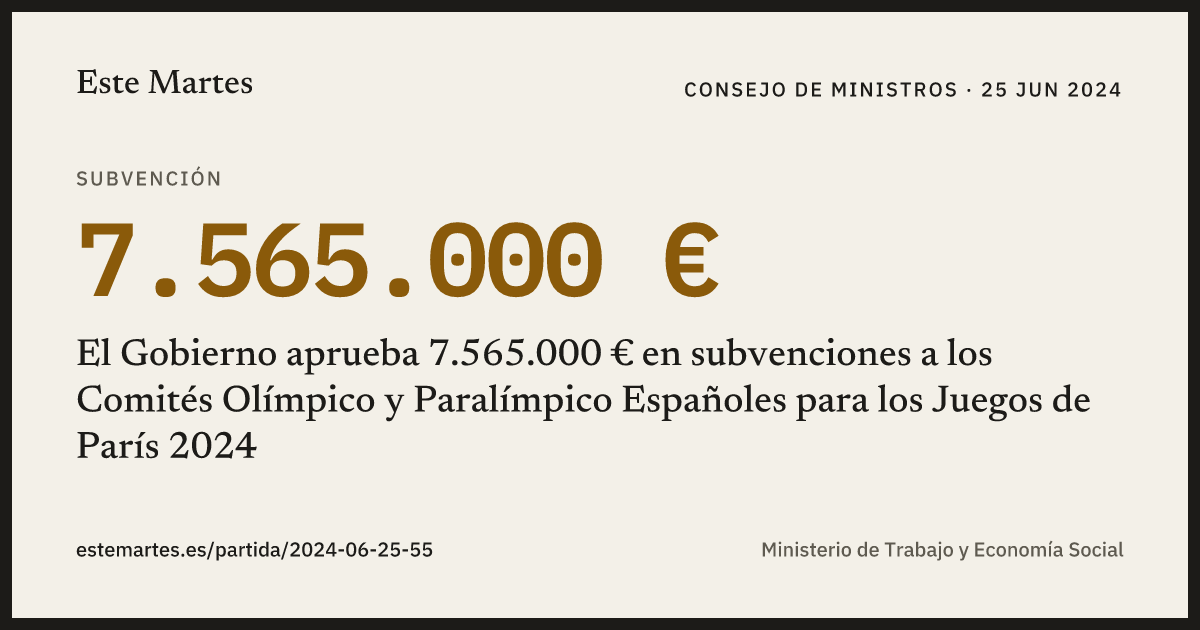 Tarjeta: El Gobierno aprueba 7.565.000 € en subvenciones a los Comités Olímpico y Paralímpico Españoles para los Juegos de París 2024