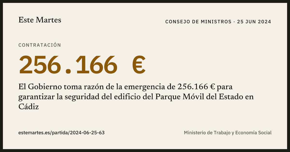 Tarjeta: El Gobierno toma razón de la emergencia de 256.166 € para garantizar la seguridad del edificio del Parque Móvil del Estado en Cádiz