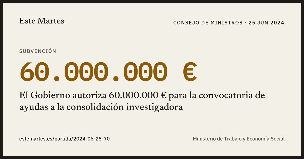 Tarjeta: El Gobierno autoriza 60.000.000 € para la convocatoria de ayudas a la consolidación investigadora