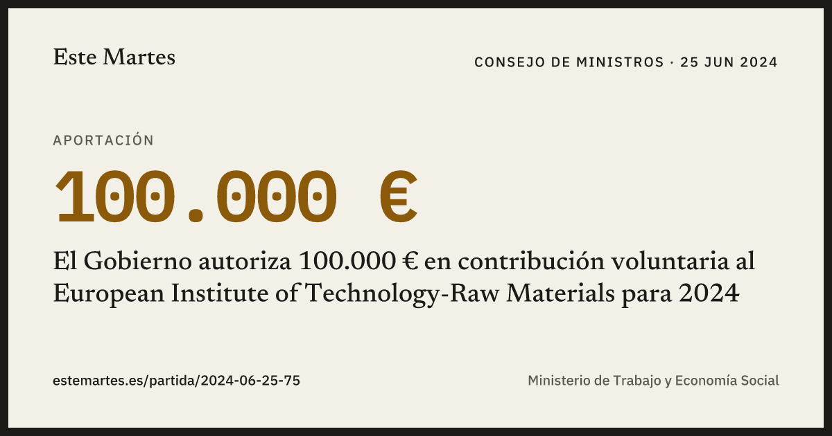 Tarjeta: El Gobierno autoriza 100.000 € en contribución voluntaria al European Institute of Technology-Raw Materials para 2024
