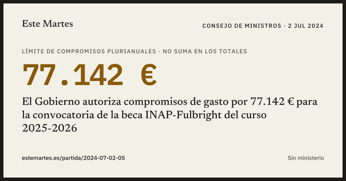 Tarjeta: El Gobierno autoriza compromisos de gasto por 77.142 € para la convocatoria de la beca INAP-Fulbright del curso 2025-2026