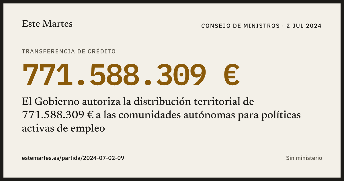Tarjeta: El Gobierno autoriza la distribución territorial de 771.588.309 € a las comunidades autónomas para políticas activas de empleo