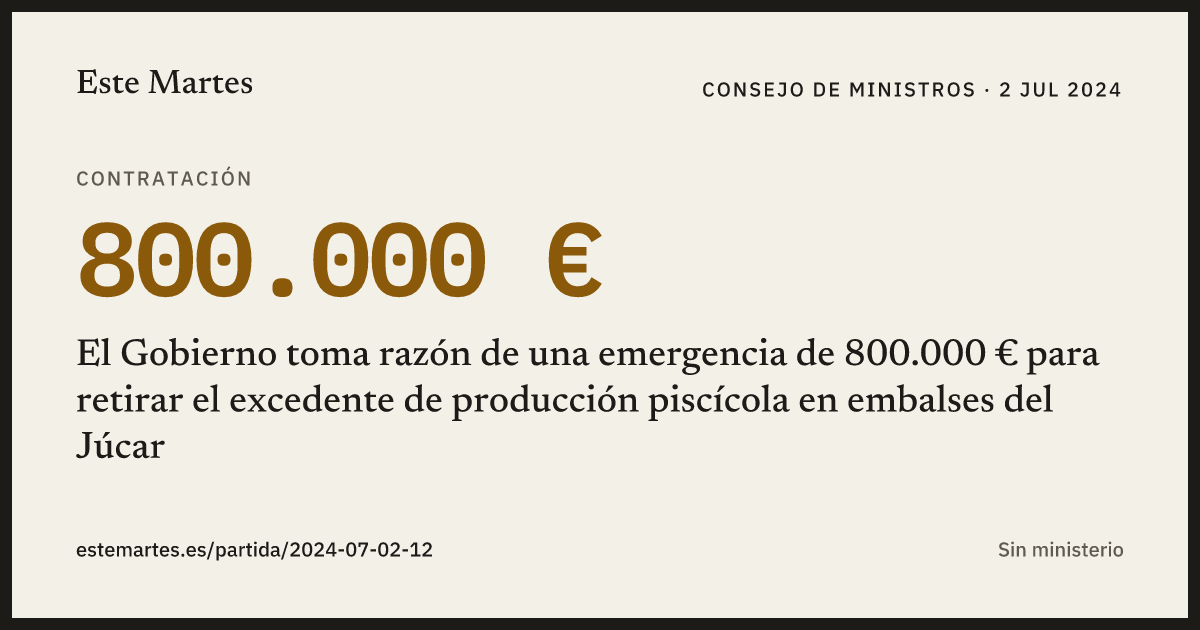Tarjeta: El Gobierno toma razón de una emergencia de 800.000 € para retirar el excedente de producción piscícola en embalses del Júcar
