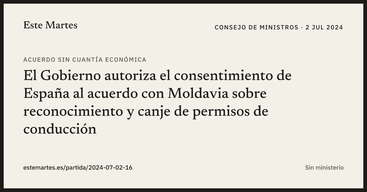 Tarjeta: El Gobierno autoriza el consentimiento de España al acuerdo con Moldavia sobre reconocimiento y canje de permisos de conducción