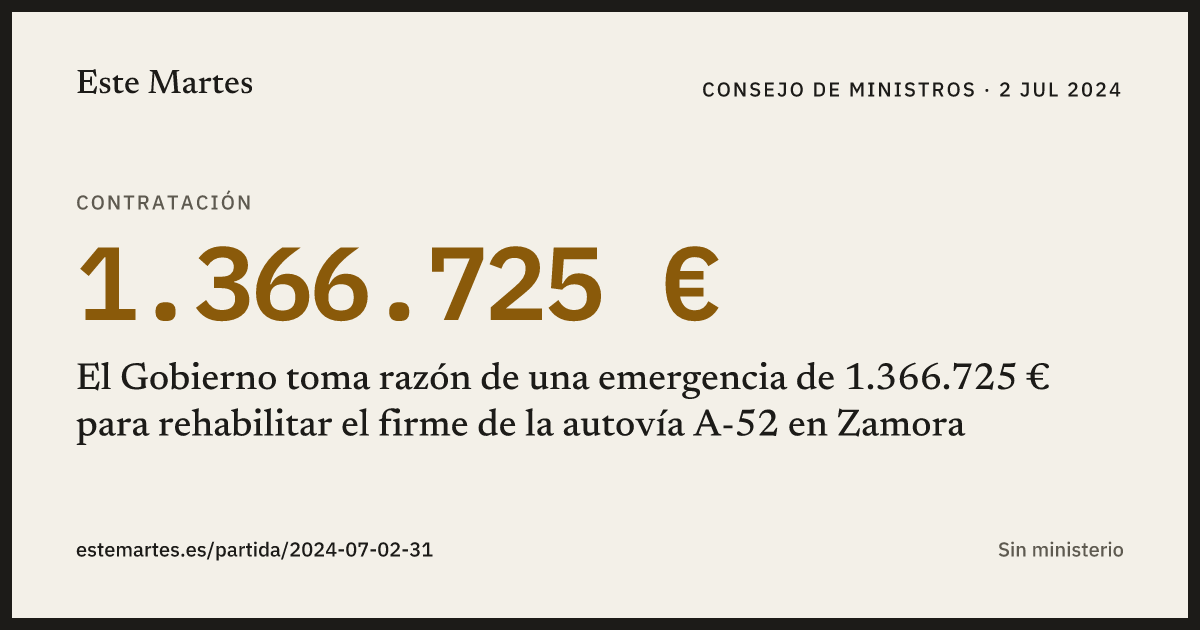 Tarjeta: El Gobierno toma razón de una emergencia de 1.366.725 € para rehabilitar el firme de la autovía A-52 en Zamora
