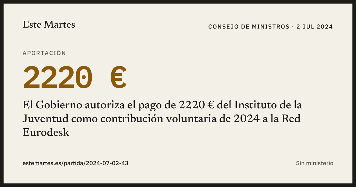 Tarjeta: El Gobierno autoriza el pago de 2220 € del Instituto de la Juventud como contribución voluntaria de 2024 a la Red Eurodesk
