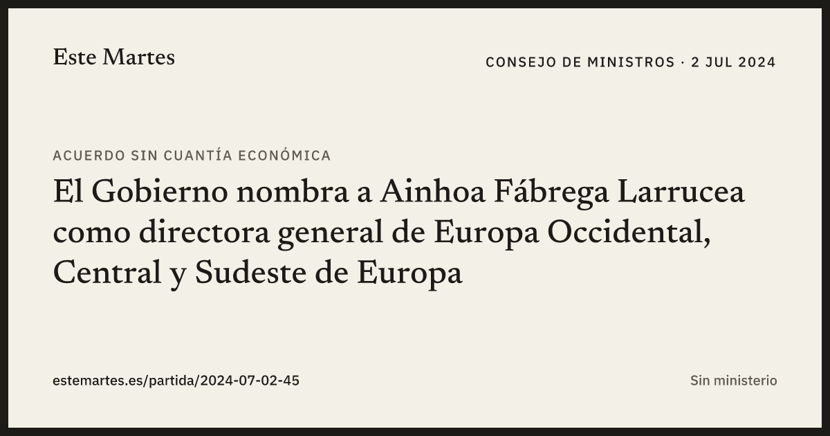 Tarjeta: El Gobierno nombra a Ainhoa Fábrega Larrucea como directora general de Europa Occidental, Central y Sudeste de Europa