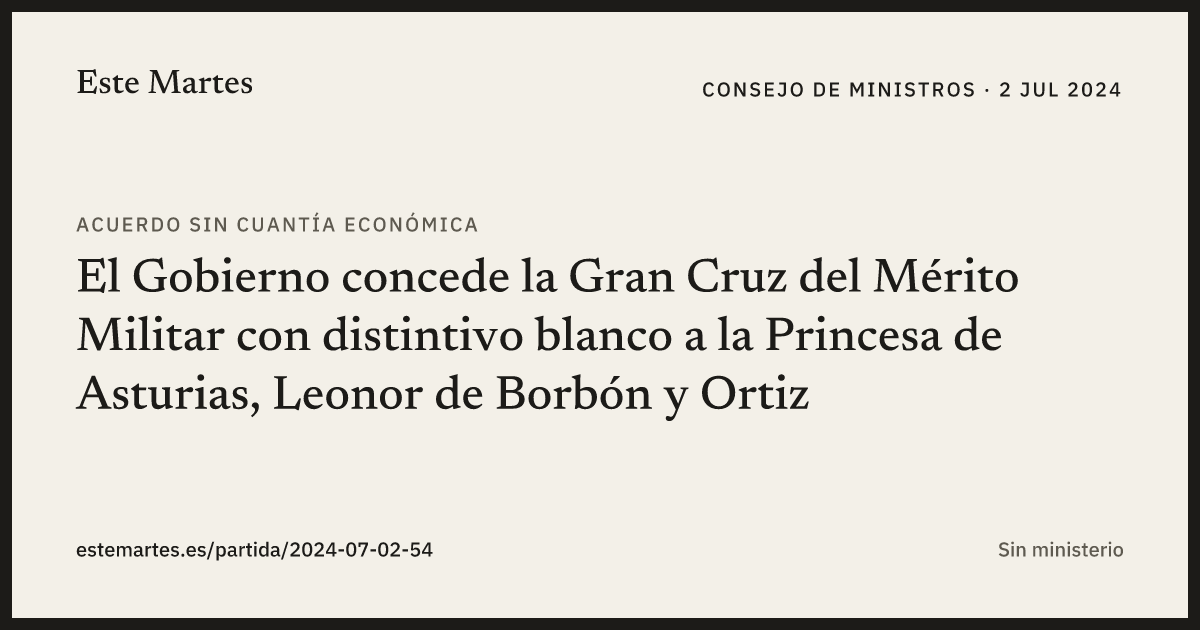Tarjeta: El Gobierno concede la Gran Cruz del Mérito Militar con distintivo blanco a la Princesa de Asturias, Leonor de Borbón y Ortiz