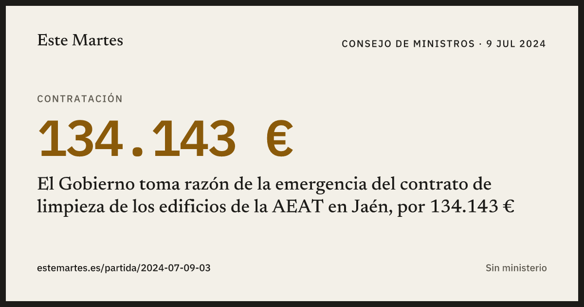 Tarjeta: El Gobierno toma razón de la emergencia del contrato de limpieza de los edificios de la AEAT en Jaén, por 134.143 €