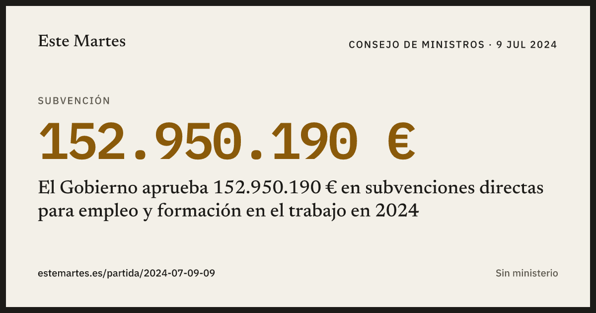 Tarjeta: El Gobierno aprueba 152.950.190 € en subvenciones directas para empleo y formación en el trabajo en 2024