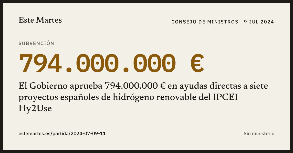 Tarjeta: El Gobierno aprueba 794.000.000 € en ayudas directas a siete proyectos españoles de hidrógeno renovable del IPCEI Hy2Use
