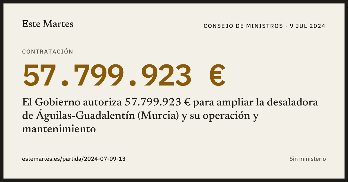 Tarjeta: El Gobierno autoriza 57.799.923 € para ampliar la desaladora de Águilas-Guadalentín (Murcia) y su operación y mantenimiento
