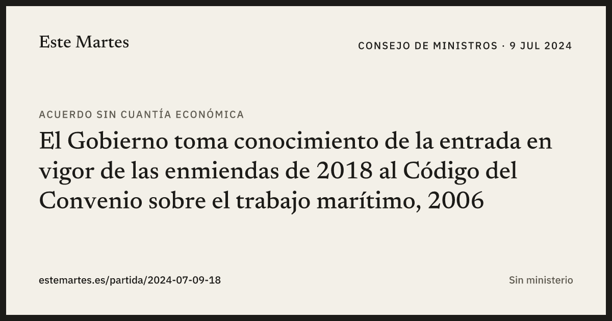 Tarjeta: El Gobierno toma conocimiento de la entrada en vigor de las enmiendas de 2018 al Código del Convenio sobre el trabajo marítimo, 2006