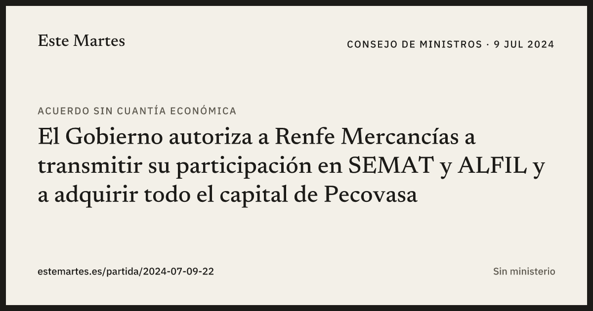 Tarjeta: El Gobierno autoriza a Renfe Mercancías a transmitir su participación en SEMAT y ALFIL y a adquirir todo el capital de Pecovasa