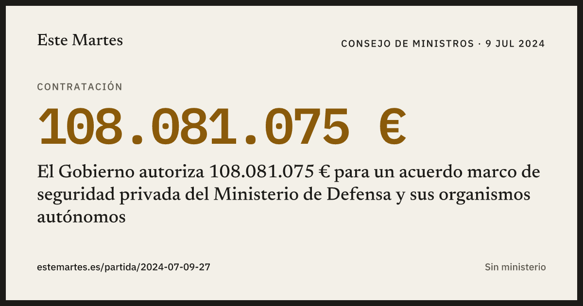 Tarjeta: El Gobierno autoriza 108.081.075 € para un acuerdo marco de seguridad privada del Ministerio de Defensa y sus organismos autónomos