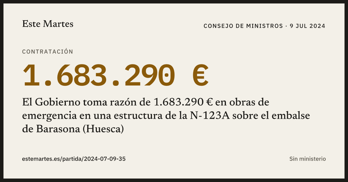 Tarjeta: El Gobierno toma razón de 1.683.290 € en obras de emergencia en una estructura de la N-123A sobre el embalse de Barasona (Huesca)