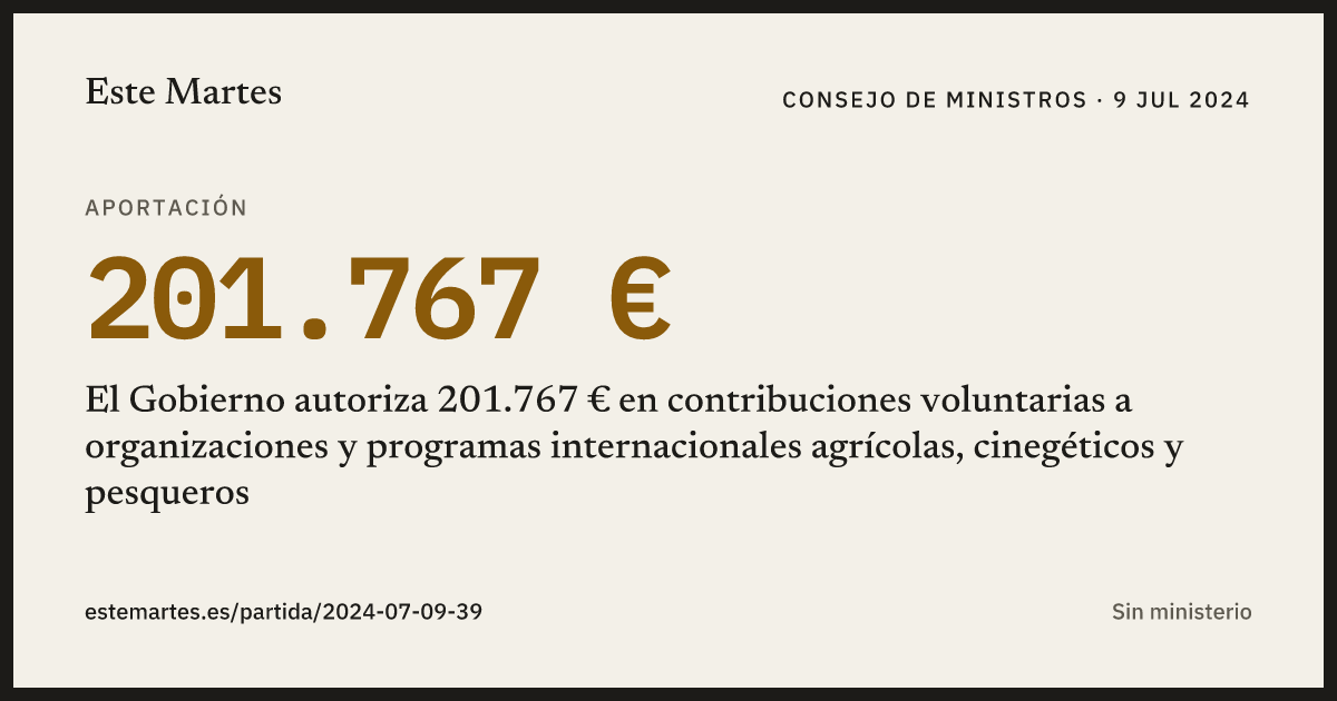 Tarjeta: El Gobierno autoriza 201.767 € en contribuciones voluntarias a organizaciones y programas internacionales agrícolas, cinegéticos y pesqueros