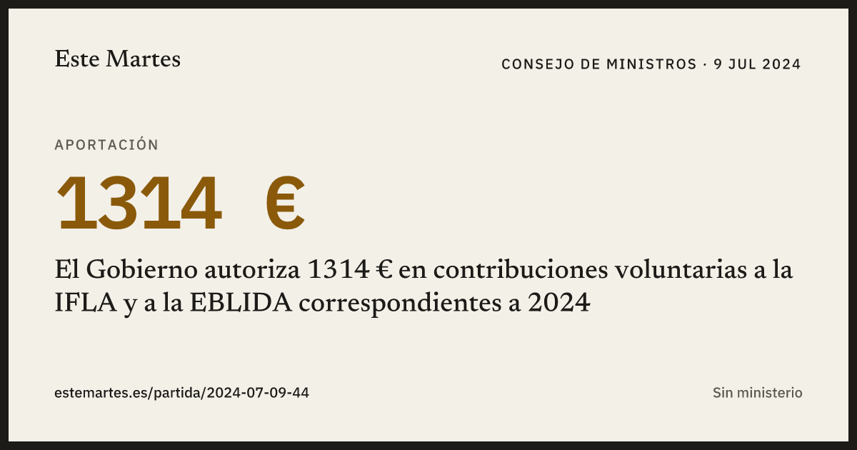 Tarjeta: El Gobierno autoriza 1314 € en contribuciones voluntarias a la IFLA y a la EBLIDA correspondientes a 2024