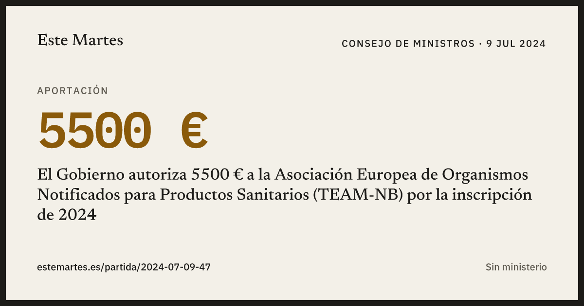 Tarjeta: El Gobierno autoriza 5500 € a la Asociación Europea de Organismos Notificados para Productos Sanitarios (TEAM-NB) por la inscripción de 2024