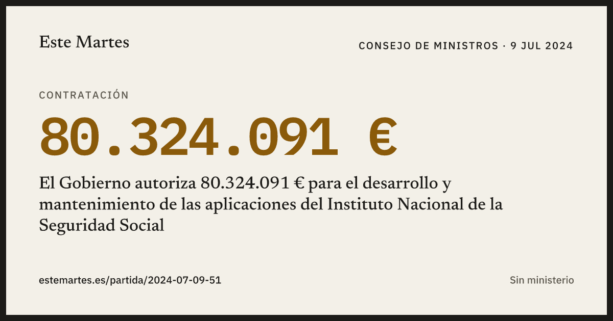 Tarjeta: El Gobierno autoriza 80.324.091 € para el desarrollo y mantenimiento de las aplicaciones del Instituto Nacional de la Seguridad Social