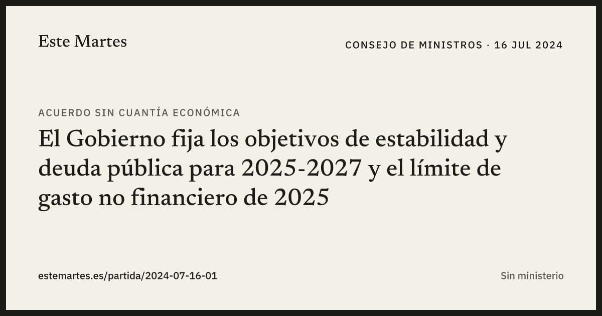 Tarjeta: El Gobierno fija los objetivos de estabilidad y deuda pública para 2025-2027 y el límite de gasto no financiero de 2025