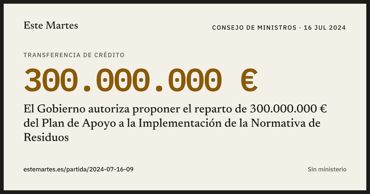 Tarjeta: El Gobierno autoriza proponer el reparto de 300.000.000 € del Plan de Apoyo a la Implementación de la Normativa de Residuos