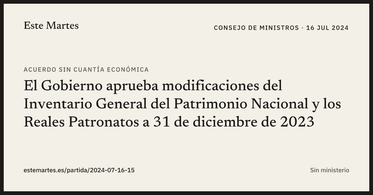 Tarjeta: El Gobierno aprueba modificaciones del Inventario General del Patrimonio Nacional y los Reales Patronatos a 31 de diciembre de 2023
