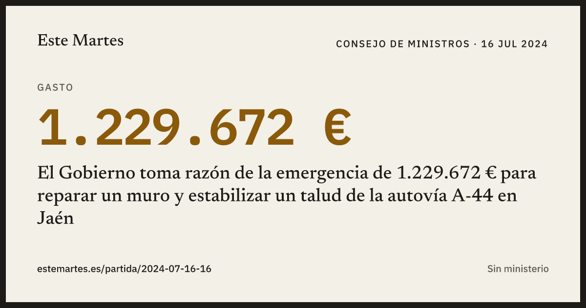 Tarjeta: El Gobierno toma razón de la emergencia de 1.229.672 € para reparar un muro y estabilizar un talud de la autovía A-44 en Jaén