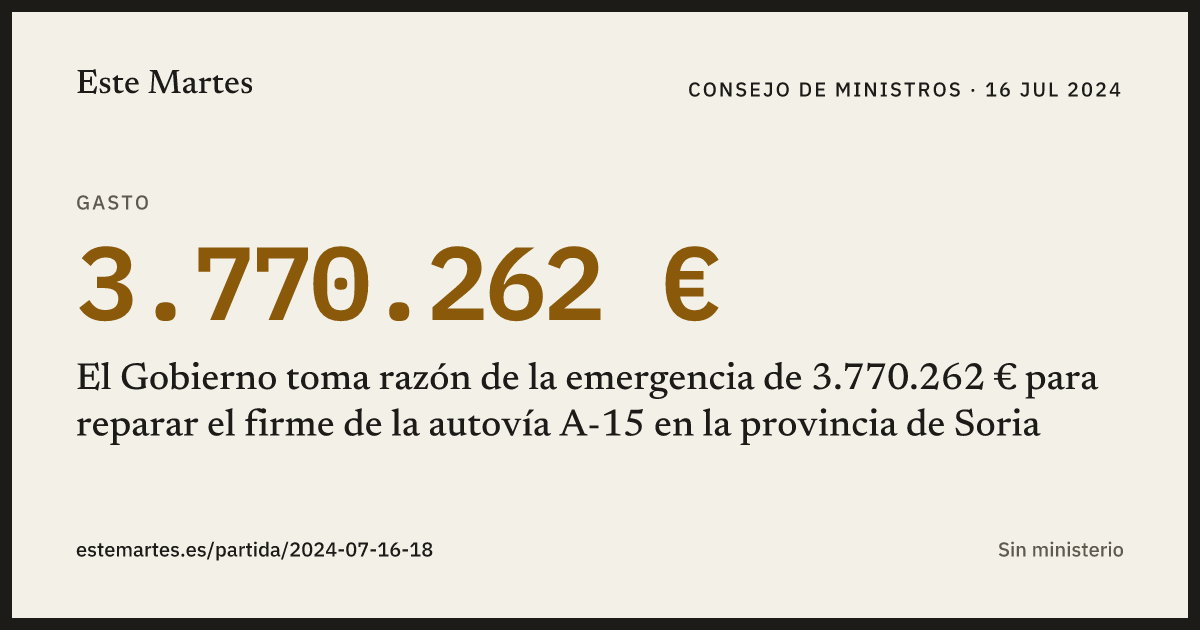 Tarjeta: El Gobierno toma razón de la emergencia de 3.770.262 € para reparar el firme de la autovía A-15 en la provincia de Soria