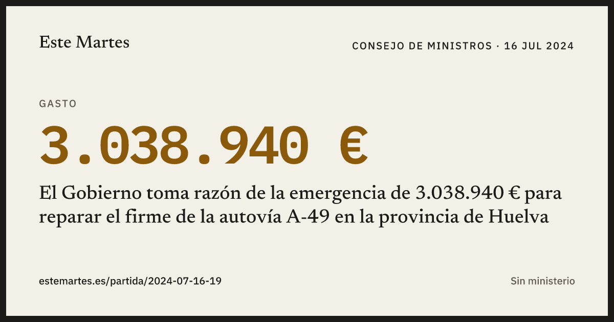 Tarjeta: El Gobierno toma razón de la emergencia de 3.038.940 € para reparar el firme de la autovía A-49 en la provincia de Huelva
