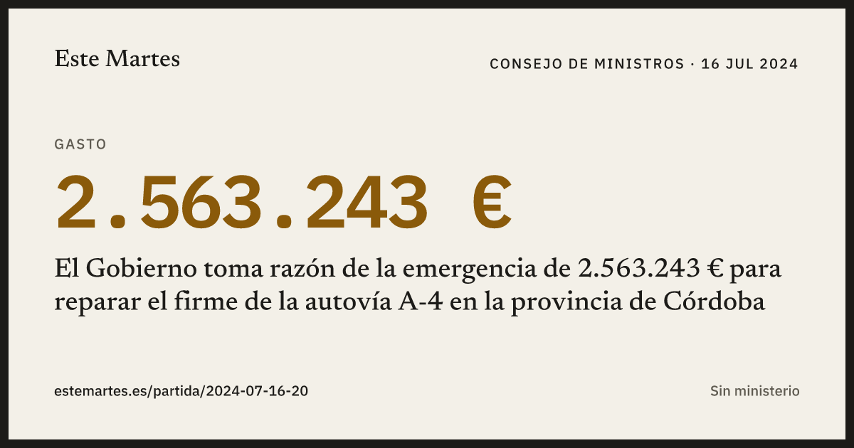 Tarjeta: El Gobierno toma razón de la emergencia de 2.563.243 € para reparar el firme de la autovía A-4 en la provincia de Córdoba
