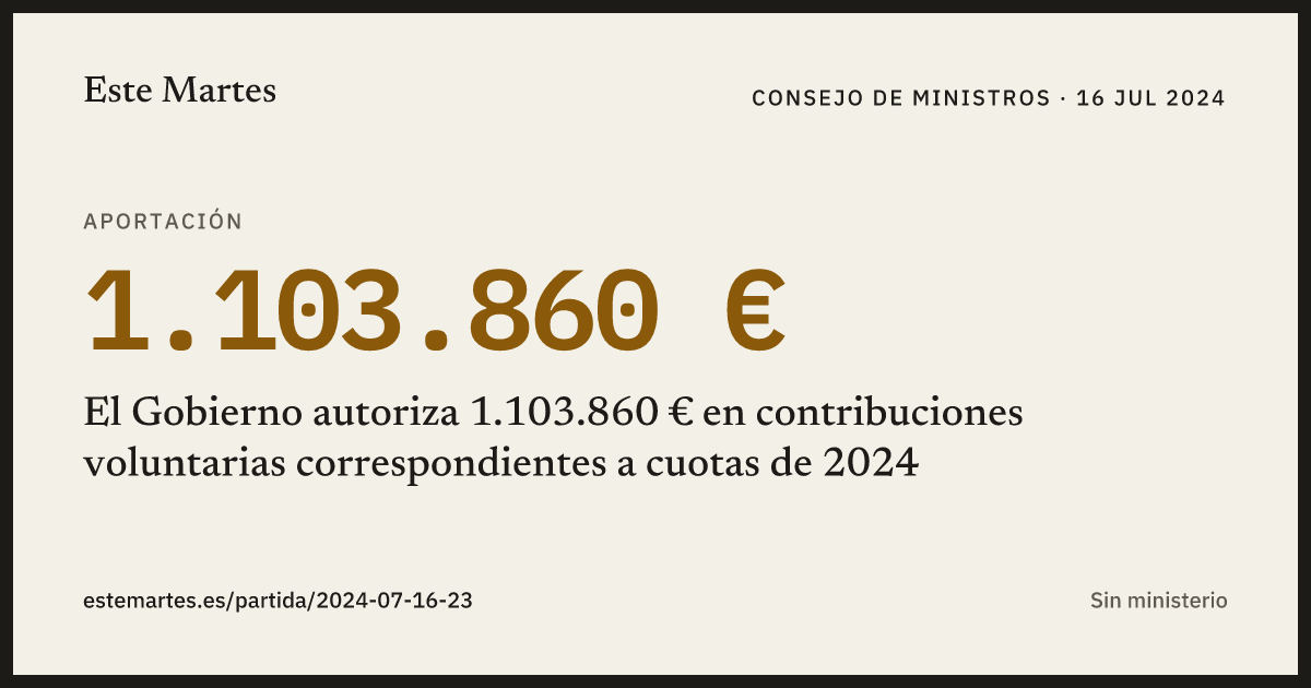 Tarjeta: El Gobierno autoriza 1.103.860 € en contribuciones voluntarias correspondientes a cuotas de 2024