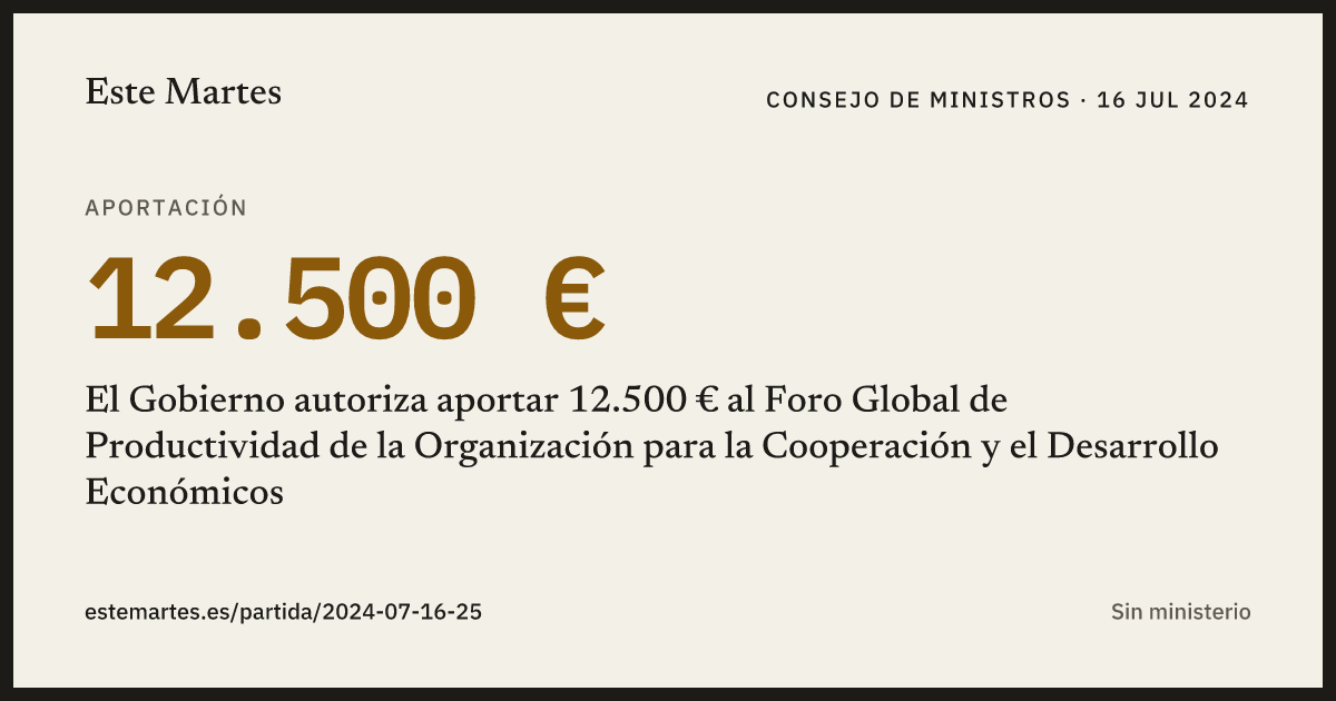 Tarjeta: El Gobierno autoriza aportar 12.500 € al Foro Global de Productividad de la Organización para la Cooperación y el Desarrollo Económicos
