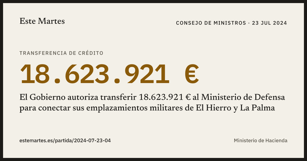 Tarjeta: El Gobierno autoriza transferir 18.623.921 € al Ministerio de Defensa para conectar sus emplazamientos militares de El Hierro y La Palma