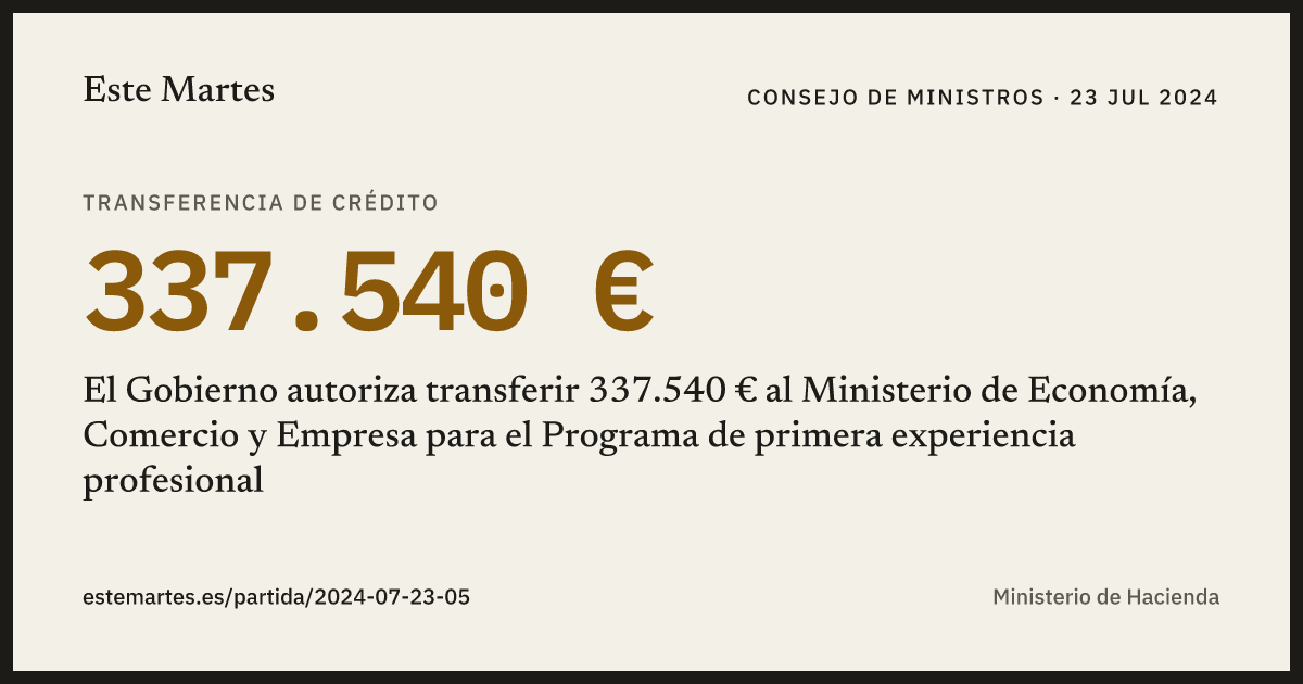 Tarjeta: El Gobierno autoriza transferir 337.540 € al Ministerio de Economía, Comercio y Empresa para el Programa de primera experiencia profesional