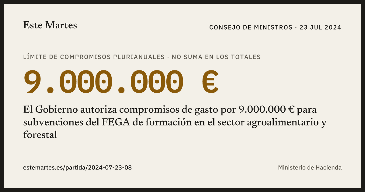 Tarjeta: El Gobierno autoriza compromisos de gasto por 9.000.000 € para subvenciones del FEGA de formación en el sector agroalimentario y forestal