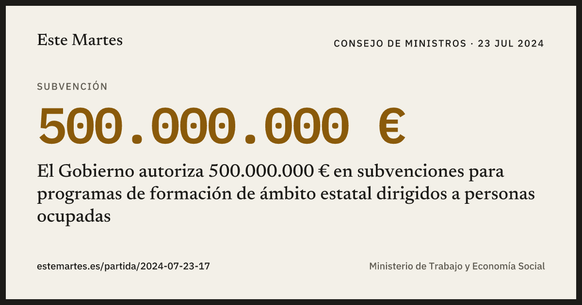 Tarjeta: El Gobierno autoriza 500.000.000 € en subvenciones para programas de formación de ámbito estatal dirigidos a personas ocupadas