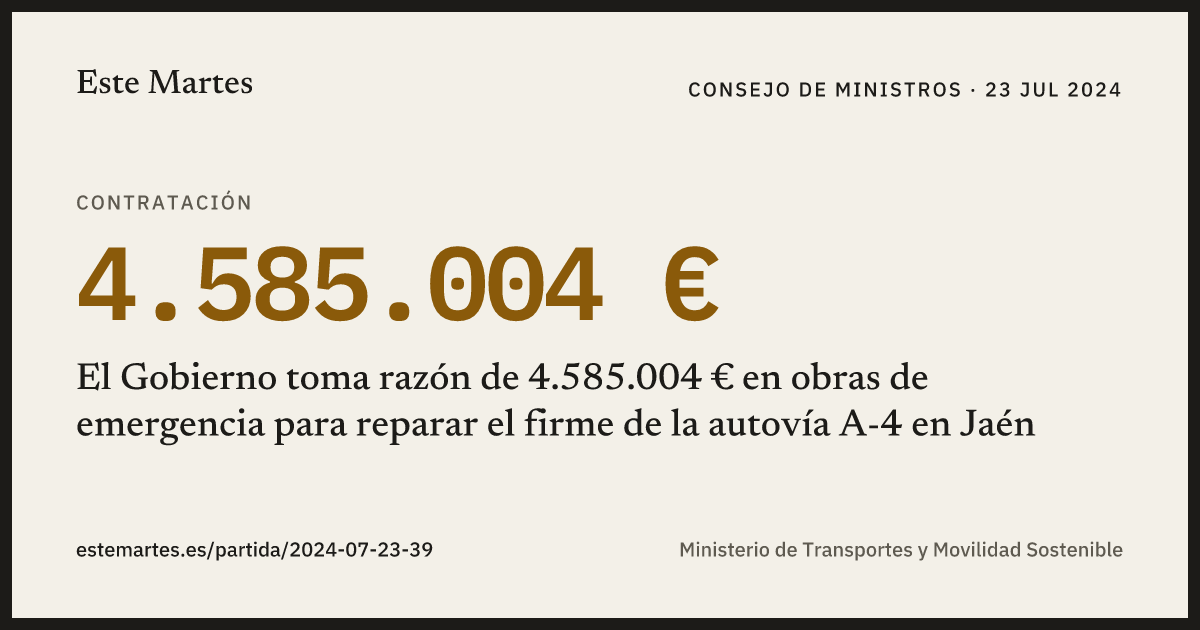 Tarjeta: El Gobierno toma razón de 4.585.004 € en obras de emergencia para reparar el firme de la autovía A-4 en Jaén