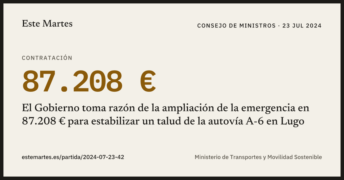 Tarjeta: El Gobierno toma razón de la ampliación de la emergencia en 87.208 € para estabilizar un talud de la autovía A-6 en Lugo