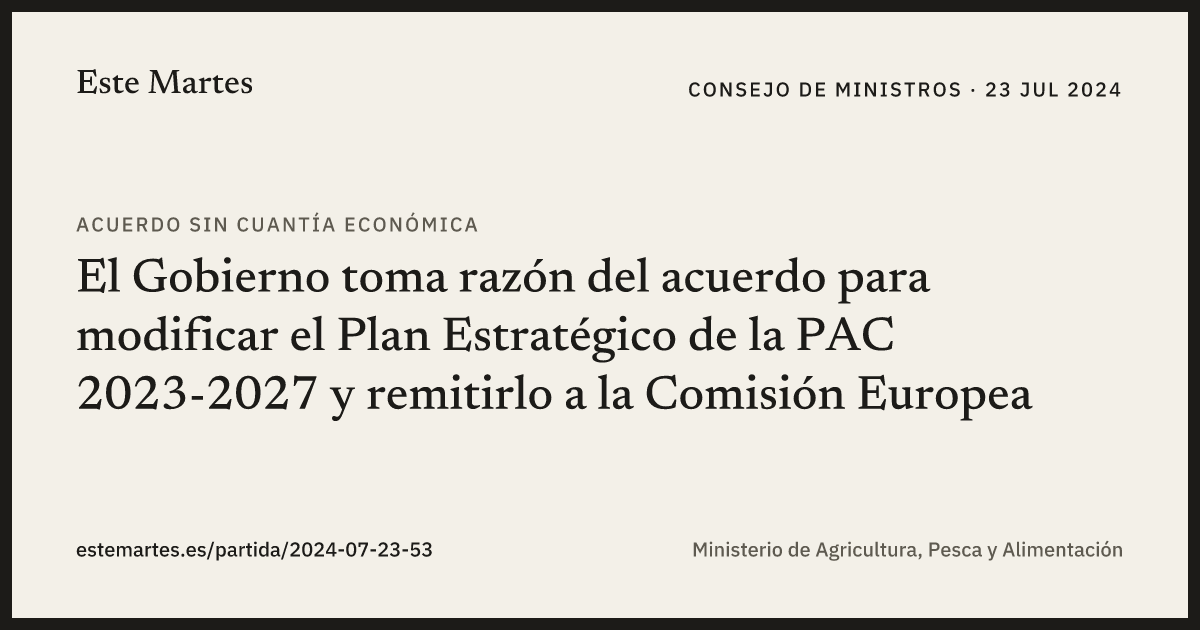 Tarjeta: El Gobierno toma razón del acuerdo para modificar el Plan Estratégico de la PAC 2023-2027 y remitirlo a la Comisión Europea