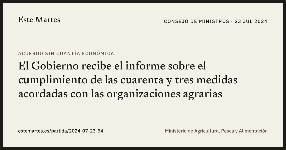 Tarjeta: El Gobierno recibe el informe sobre el cumplimiento de las cuarenta y tres medidas acordadas con las organizaciones agrarias