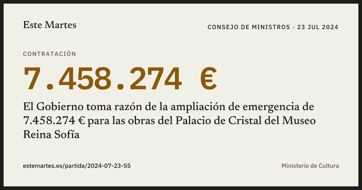 Tarjeta: El Gobierno toma razón de la ampliación de emergencia de 7.458.274 € para las obras del Palacio de Cristal del Museo Reina Sofía