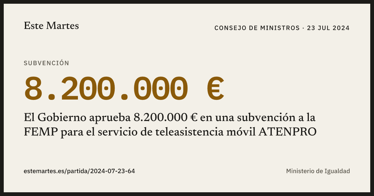 Tarjeta: El Gobierno aprueba 8.200.000 € en una subvención a la FEMP para el servicio de teleasistencia móvil ATENPRO