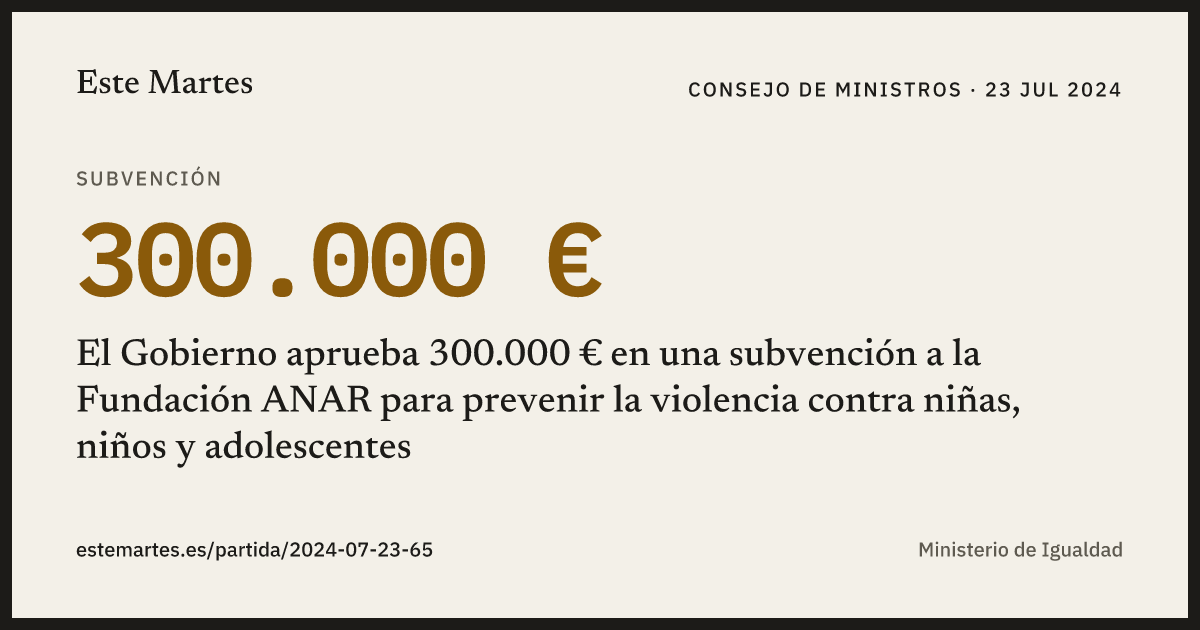 Tarjeta: El Gobierno aprueba 300.000 € en una subvención a la Fundación ANAR para prevenir la violencia contra niñas, niños y adolescentes