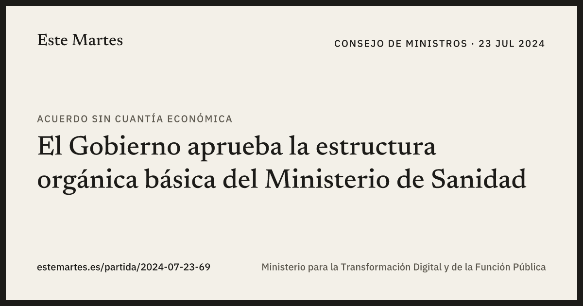 Tarjeta: El Gobierno aprueba la estructura orgánica básica del Ministerio de Sanidad