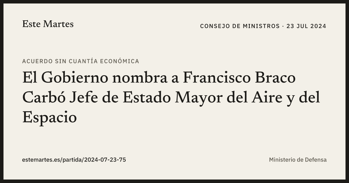 Tarjeta: El Gobierno nombra a Francisco Braco Carbó Jefe de Estado Mayor del Aire y del Espacio
