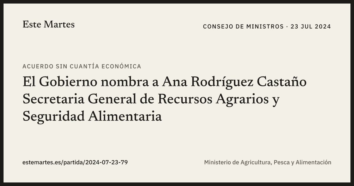 Tarjeta: El Gobierno nombra a Ana Rodríguez Castaño Secretaria General de Recursos Agrarios y Seguridad Alimentaria