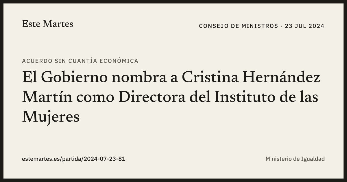 Tarjeta: El Gobierno nombra a Cristina Hernández Martín como Directora del Instituto de las Mujeres