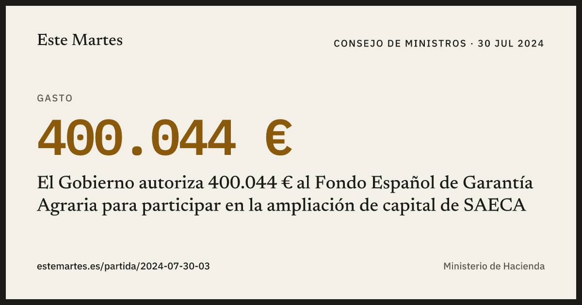 Tarjeta: El Gobierno autoriza 400.044 € al Fondo Español de Garantía Agraria para participar en la ampliación de capital de SAECA
