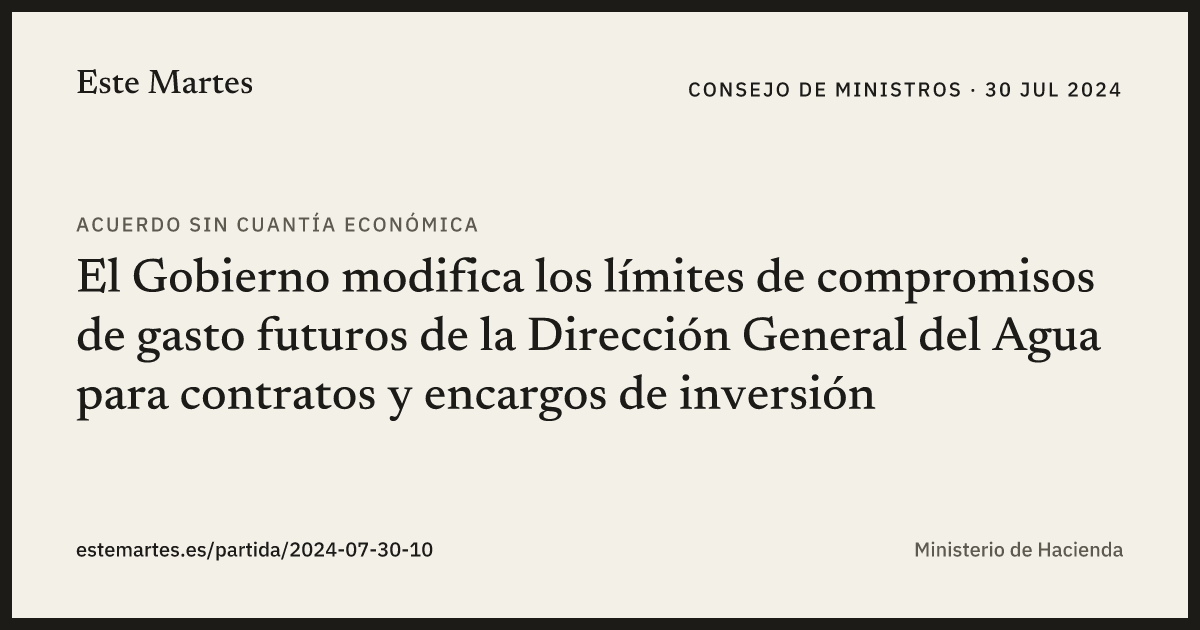 Tarjeta: El Gobierno modifica los límites de compromisos de gasto futuros de la Dirección General del Agua para contratos y encargos de inversión